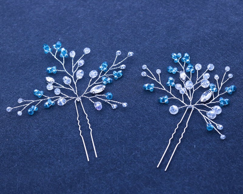 FXmimior Hair Pins Bridal Women Light Blue Crystal Vintage Wedding Party Headpiece Hair Clip Crystal Hair Accessories(pack of 2) - Image 2